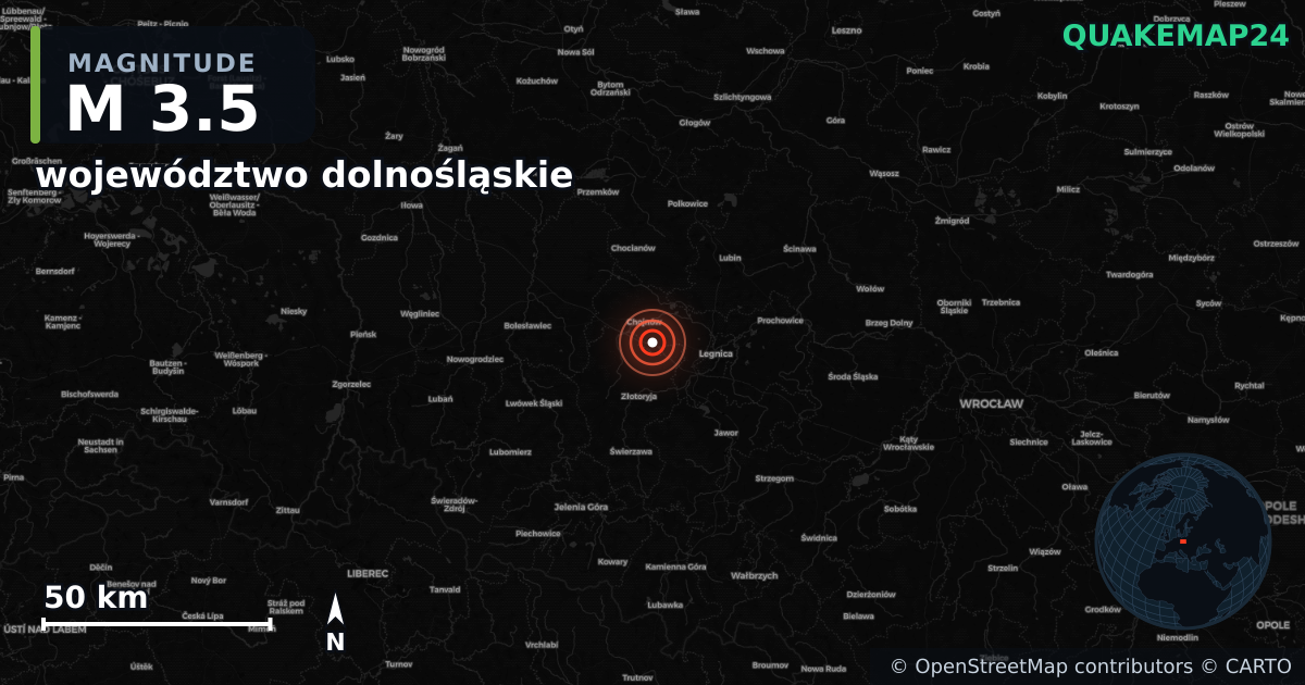 M3.5 earthquake near województwo dolnośląskie on Jun 24, 2025 — map of epicenter and shaking intensity | QuakeMap24