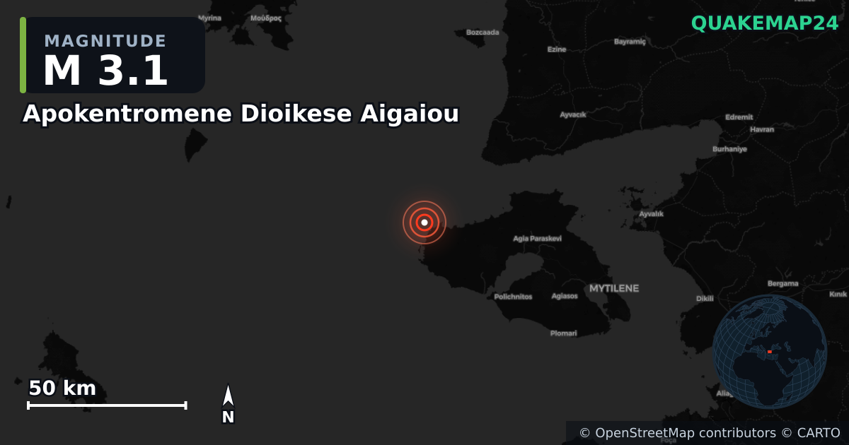 M3.1 earthquake near Apokentromene Dioikese Aigaiou on Oct 17, 2025 — map of epicenter and shaking intensity | QuakeMap24