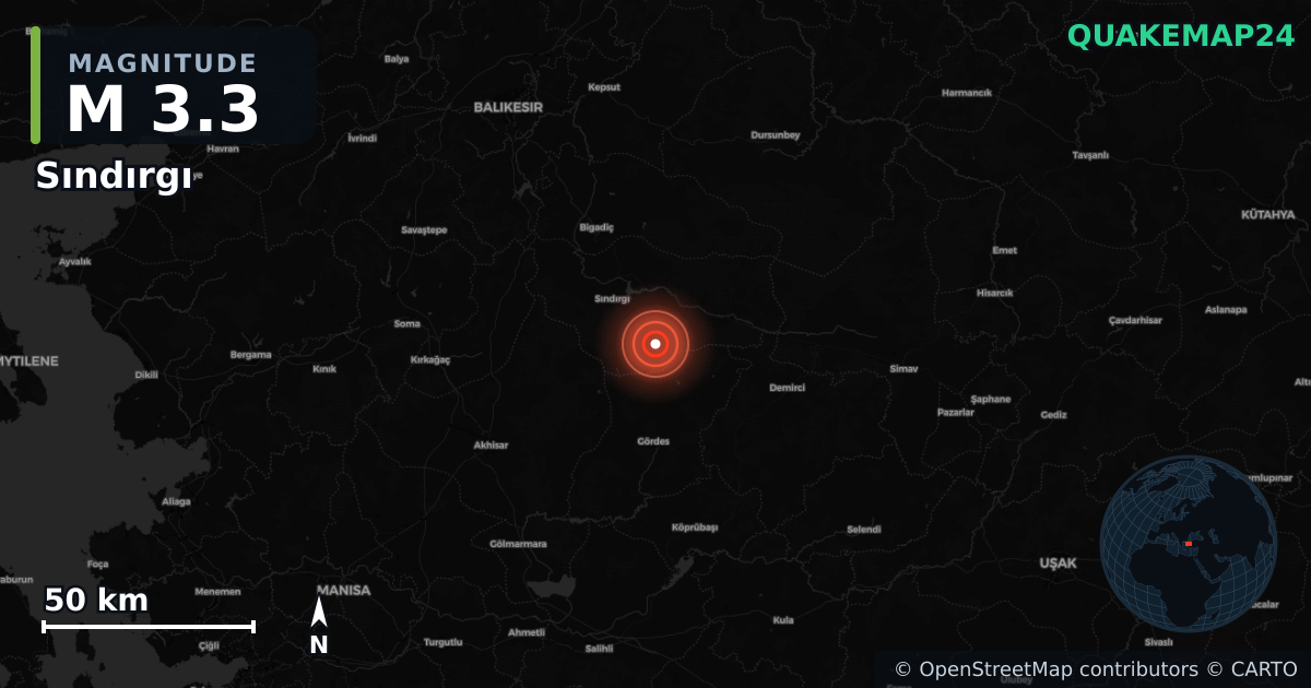 M3.3 earthquake near Sındırgı on Oct 28, 2025 — map of epicenter and shaking intensity | QuakeMap24