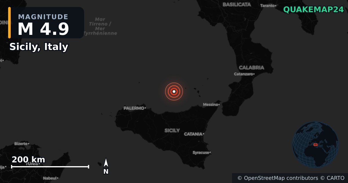 M4.9 earthquake near Sicily, Italy on Mar 21, 2026 — map of epicenter and shaking intensity | QuakeMap24