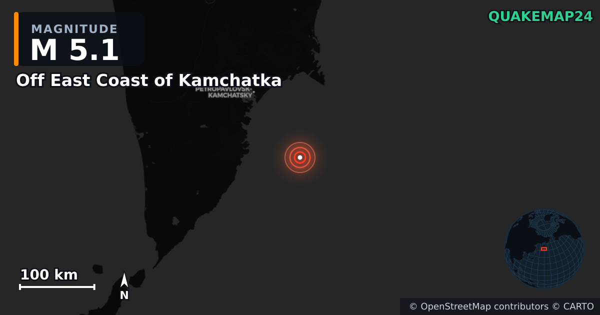 M5.1 earthquake near Off East Coast of Kamchatka on Jun 5, 2026 — map of epicenter and shaking intensity | QuakeMap24
