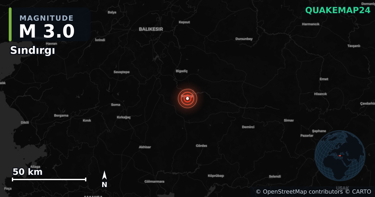 M3.0 earthquake near Sındırgı on Aug 19, 2025 — map of epicenter and shaking intensity | QuakeMap24
