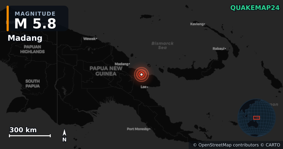 M5.8 earthquake near Madang on Jul 21, 2025 — map of epicenter and shaking intensity | QuakeMap24