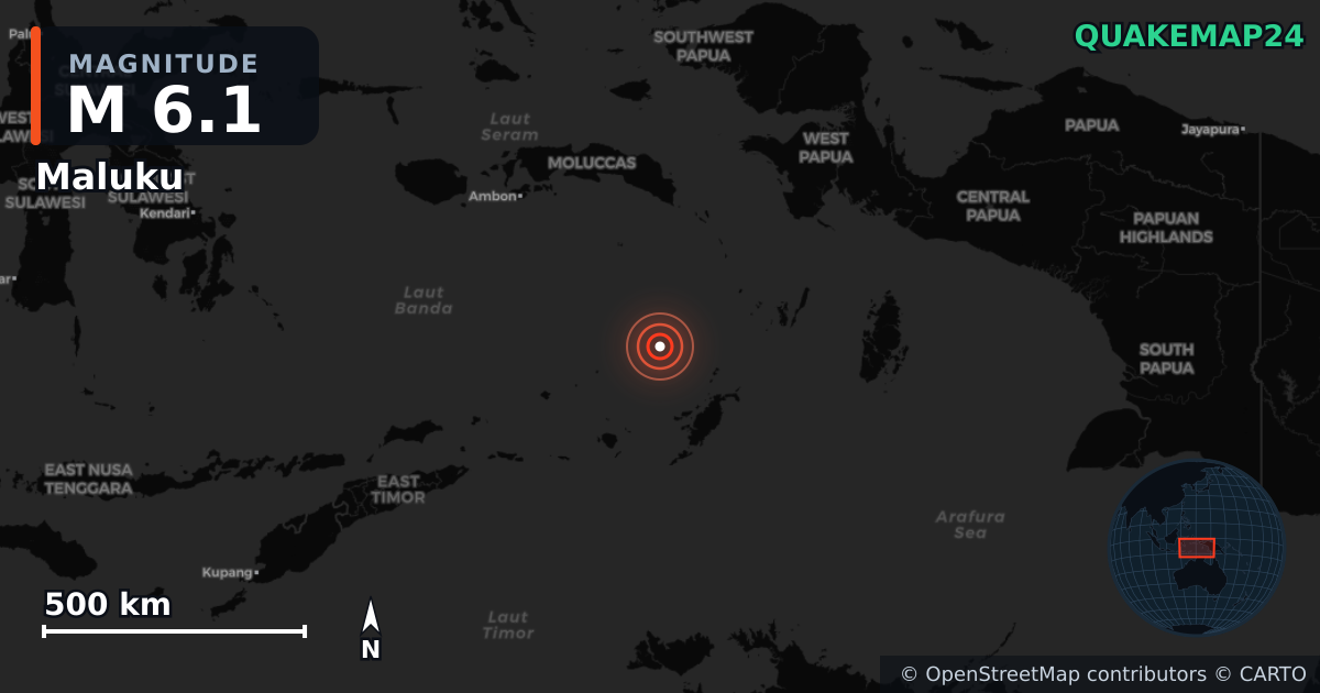 M6.1 earthquake near Maluku on May 14, 2026 — map of epicenter and shaking intensity | QuakeMap24