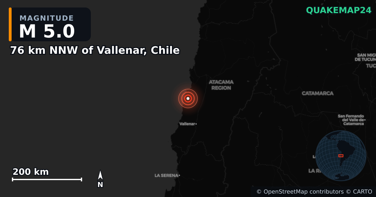 Erdbeben M5,0 bei 76 km NNW of Vallenar, Chile — Karte der Lage des Epizentrums