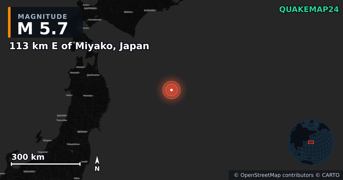 M5.7 earthquake near 113 km E of Miyako, Japan on Apr 20, 2026 — map of epicenter and shaking intensity | QuakeMap24