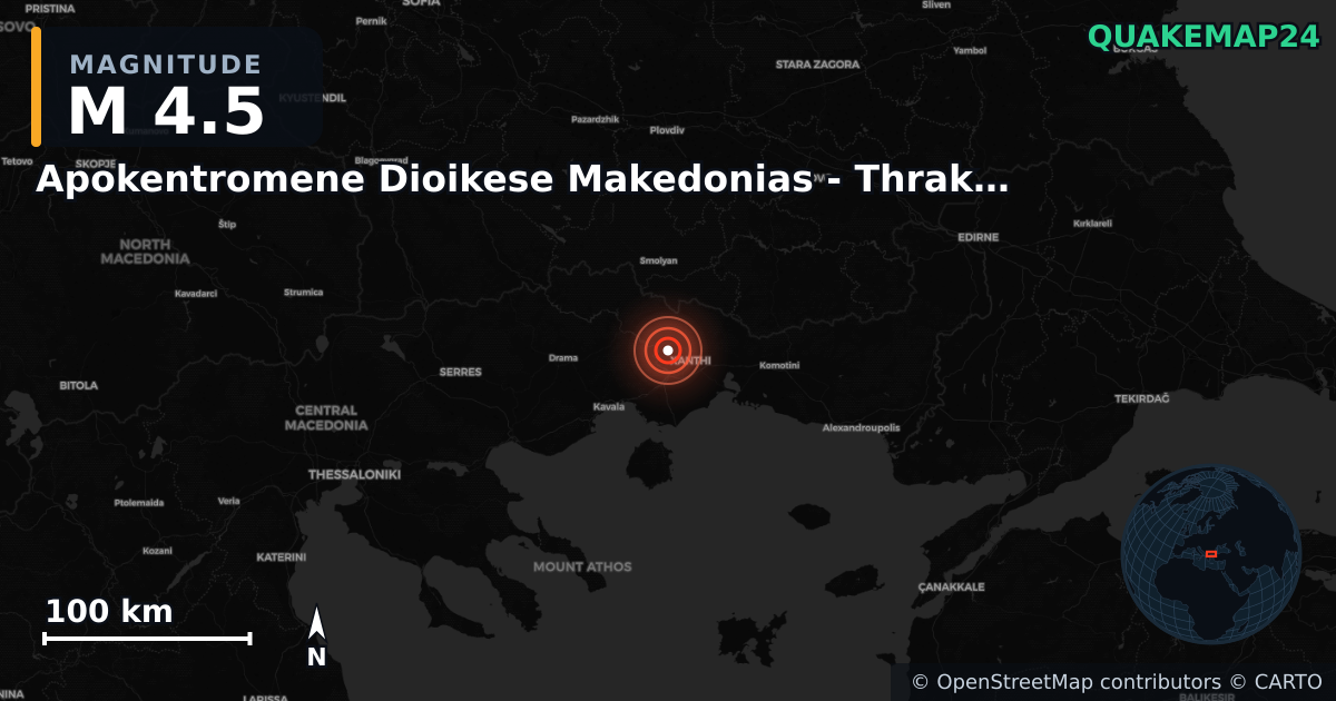 M4.5 earthquake near Apokentromene Dioikese Makedonias - Thrakes on Nov 5, 2025 — map of epicenter and shaking intensity | QuakeMap24