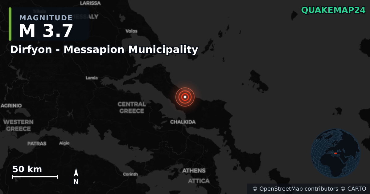 M3.7 earthquake near Dirfyon - Messapion Municipality on Jun 12, 2026 — map of epicenter and shaking intensity | QuakeMap24