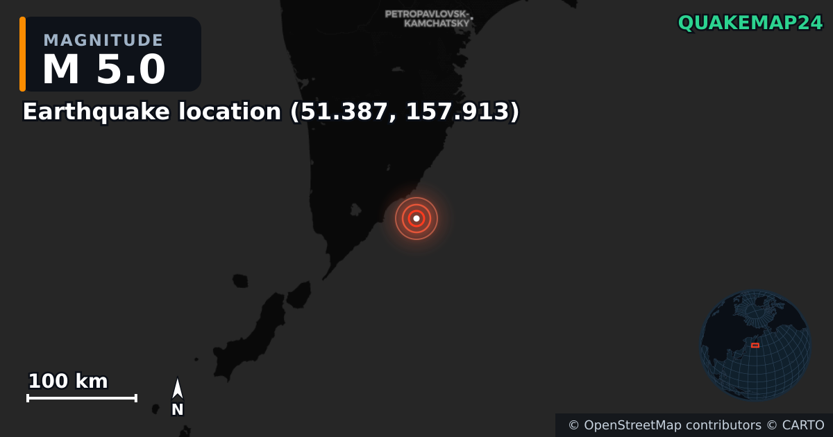 M5.0 earthquake near Local do sismo (51.387, 157.913) on Dec 9, 2025 — map of epicenter and shaking intensity | QuakeMap24