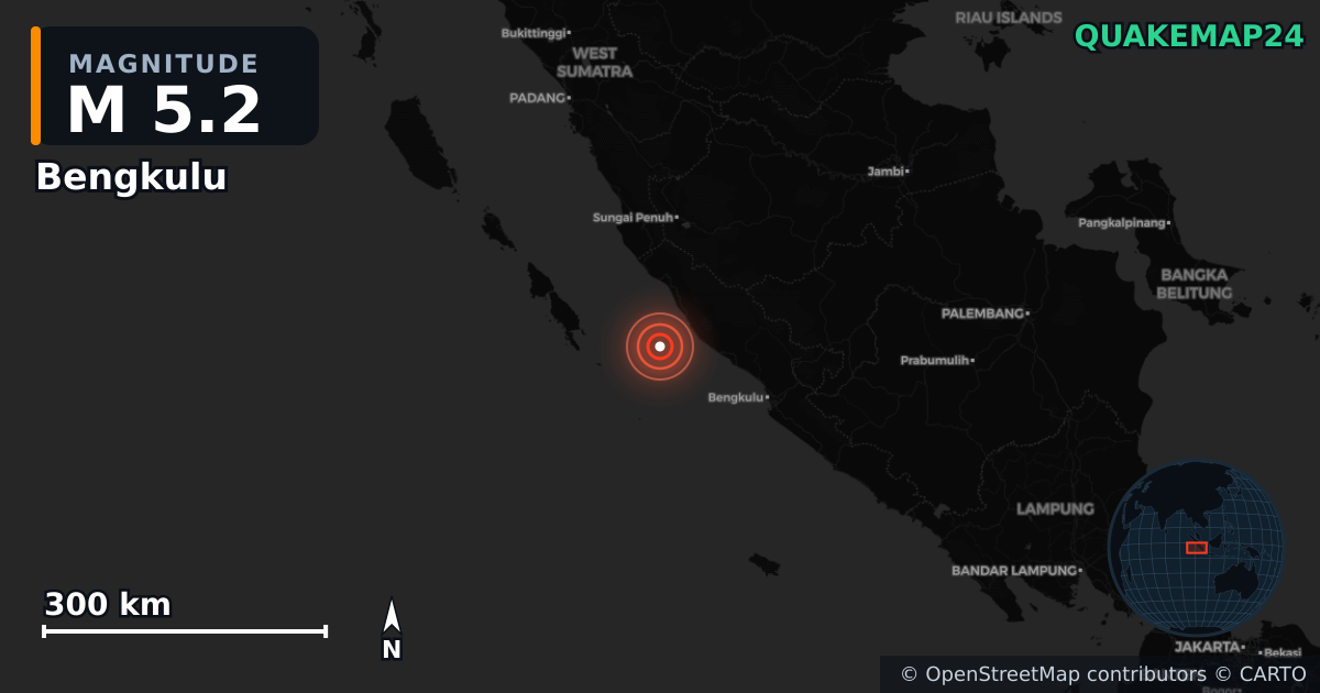 M5.2 earthquake near Bengkulu on Jul 25, 2025 — map of epicenter and shaking intensity | QuakeMap24