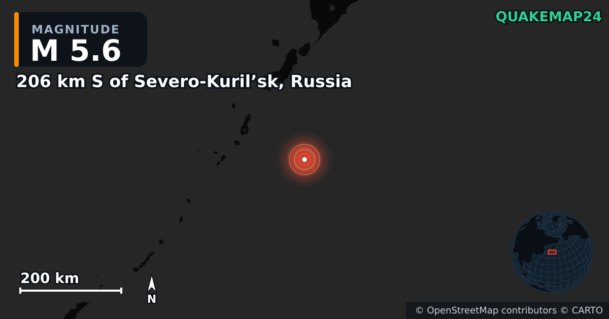 M5.6 earthquake near 206 km S of Severo-Kuril’sk, Russia on Jul 30, 2025 — map of epicenter and shaking intensity | QuakeMap24