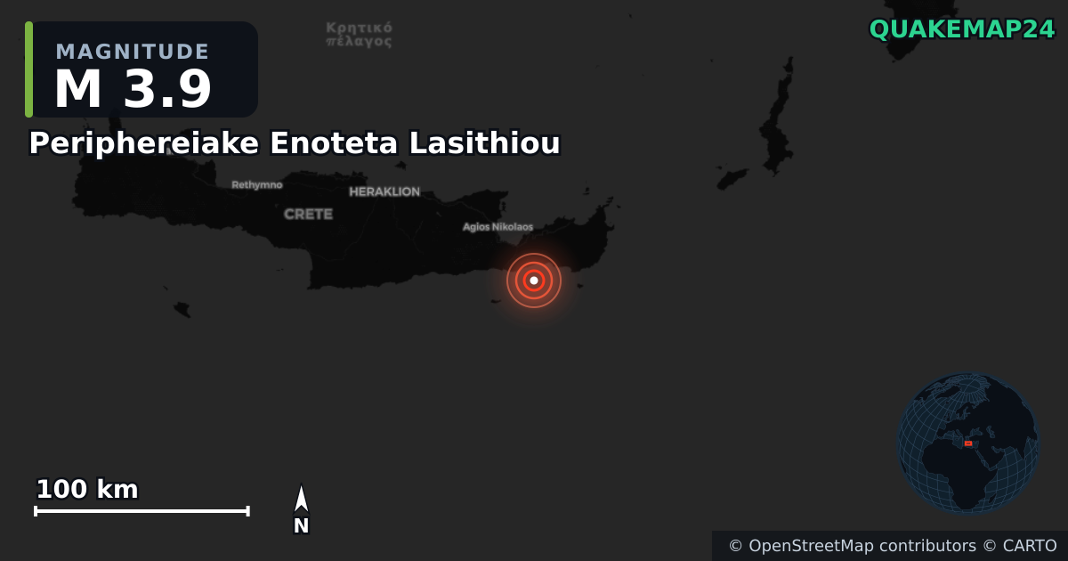 M3.9 earthquake near Periphereiake Enoteta Lasithiou on Feb 6, 2026 — map of epicenter and shaking intensity | QuakeMap24