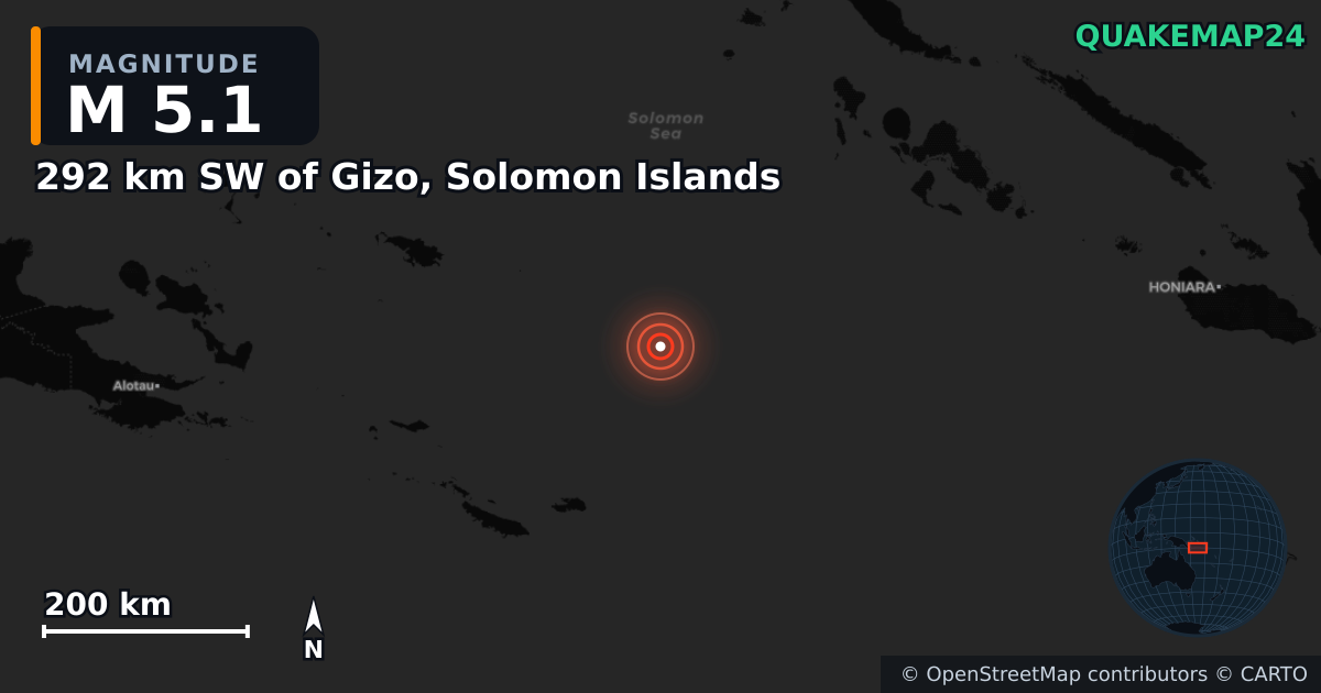 292 km SW of Gizo, Solomon Islands yakınında M5,1 deprem — Deprem merkez üssünün konumunu gösteren harita
