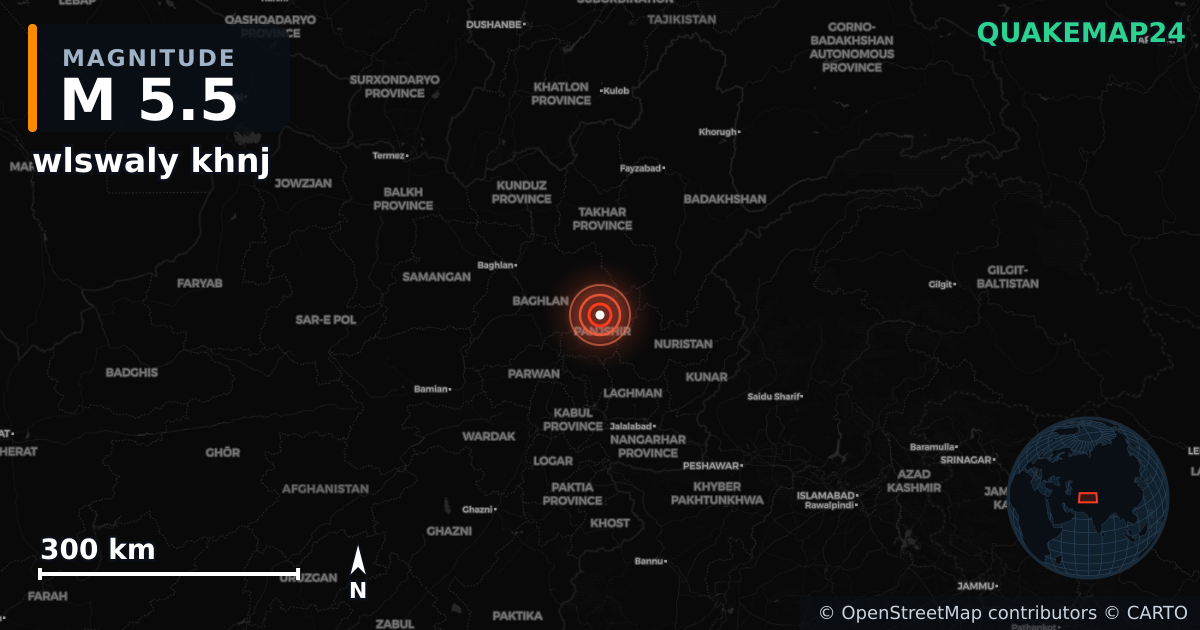 M5.5 earthquake near wlswaly khnj on Feb 20, 2026 — map of epicenter and shaking intensity | QuakeMap24