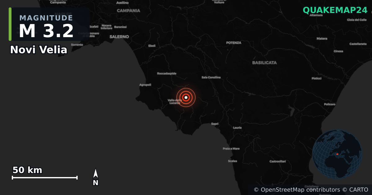 M3.2 earthquake near Novi Velia on Aug 3, 2026 — map of epicenter and shaking intensity | QuakeMap24