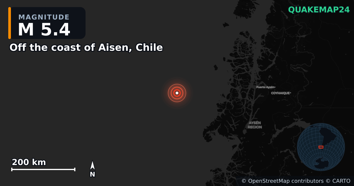 Σεισμός M5,4 κοντά στο Off the coast of Aisen, Chile · 2025-02-22 — Χάρτης της θέσης του επικέντρου