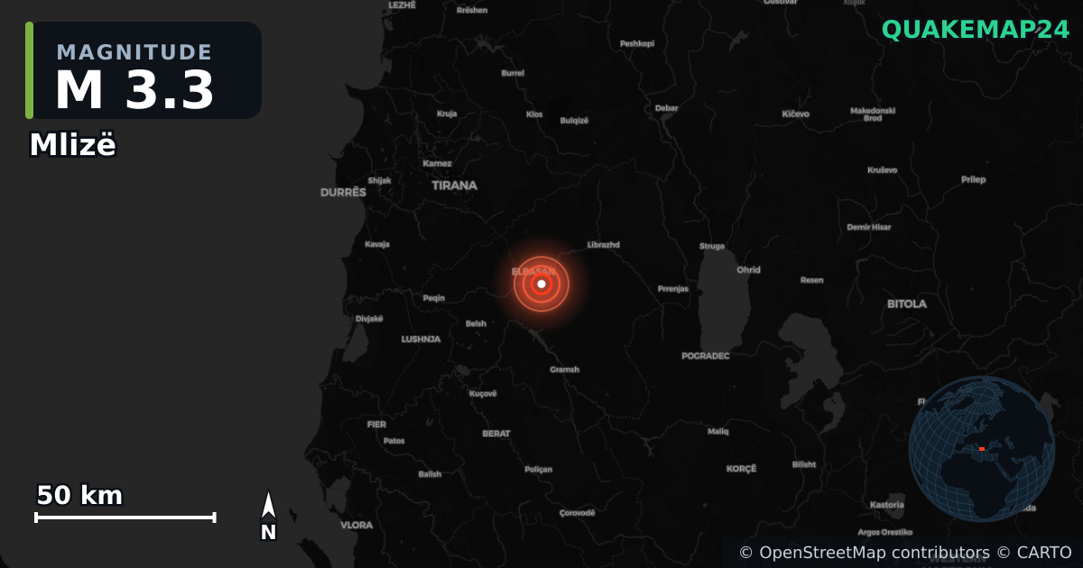 M3.3 earthquake near Mlizë on Aug 2, 2026 — map of epicenter and shaking intensity | QuakeMap24