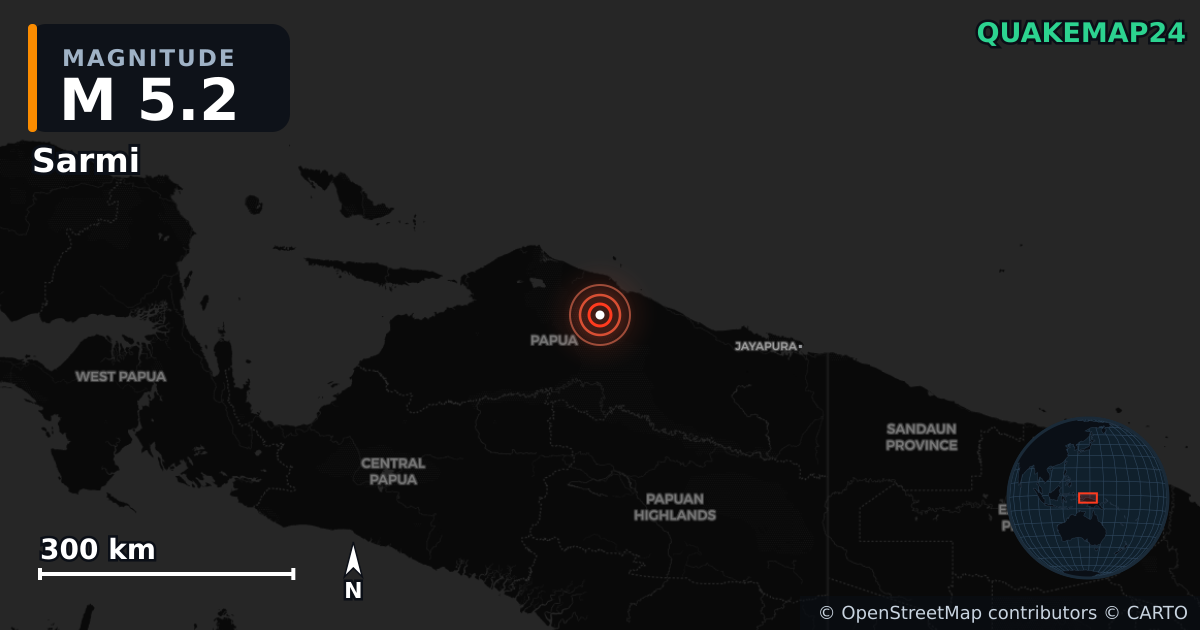 M5.2 earthquake near Sarmi on Oct 17, 2025 — map of epicenter and shaking intensity | QuakeMap24