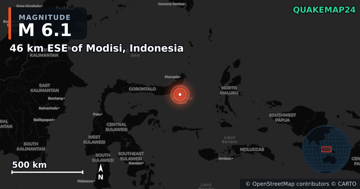 M6.1 earthquake near 46 km ESE of Modisi, Indonesia on Apr 17, 2025 — map of epicenter and shaking intensity | QuakeMap24
