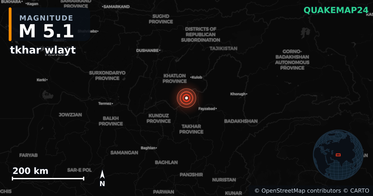M5.1 earthquake near tkhar wlayt on Oct 7, 2025 — map of epicenter and shaking intensity | QuakeMap24