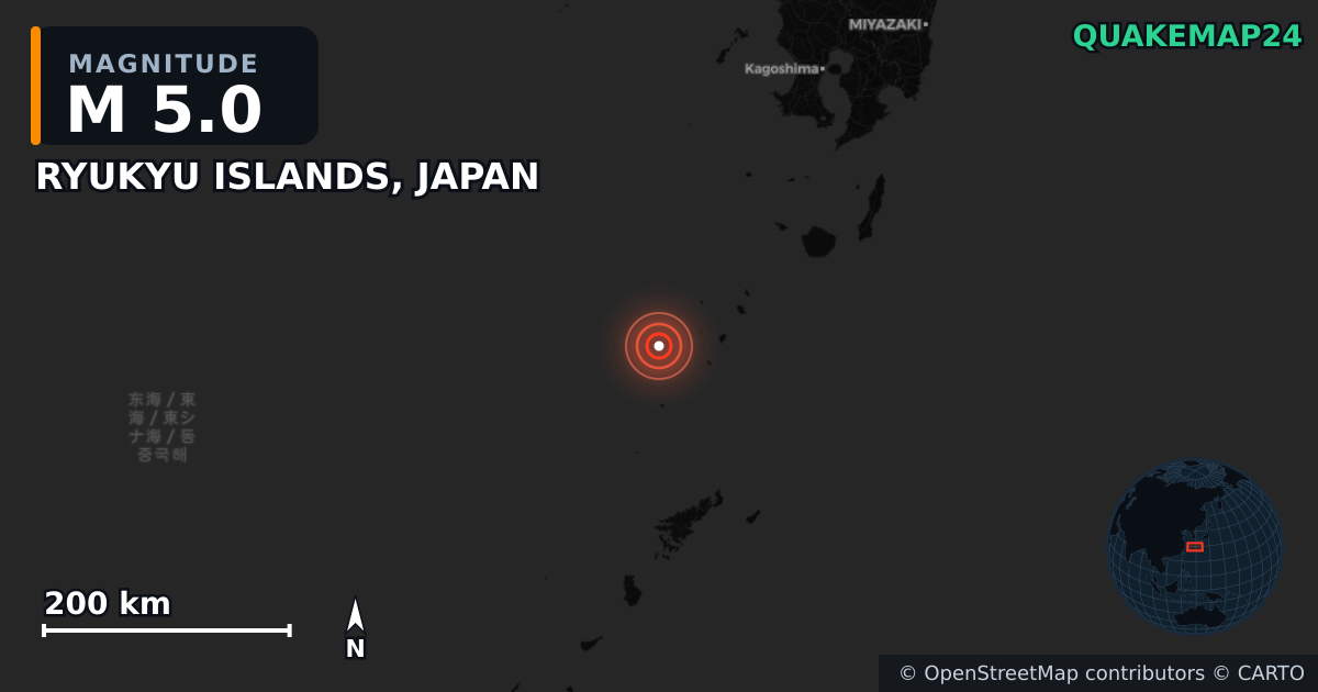 M5.0 earthquake near RYUKYU ISLANDS, JAPAN on Jul 2, 2025 — map of epicenter and shaking intensity | QuakeMap24