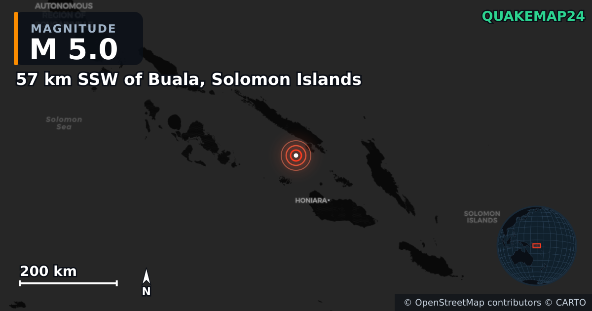 M5.0 earthquake near 57 km SSW of Buala, Solomon Islands on Mar 21, 2025 — map of epicenter and shaking intensity | QuakeMap24