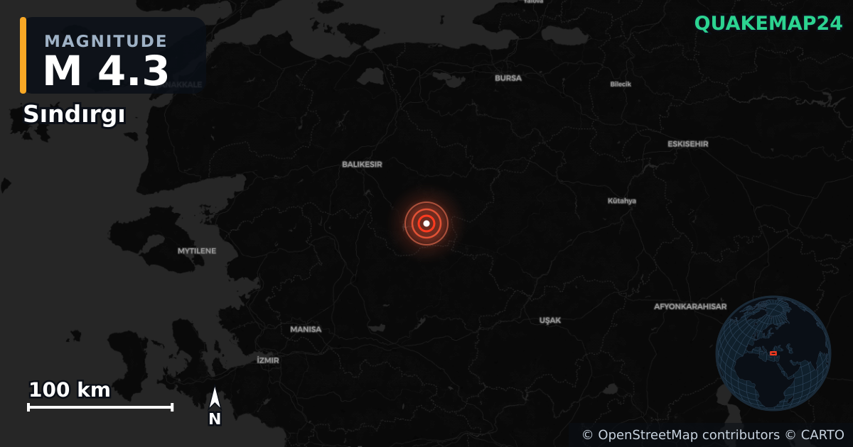M4.3 earthquake near Sındırgı on Sep 22, 2025 — map of epicenter and shaking intensity | QuakeMap24