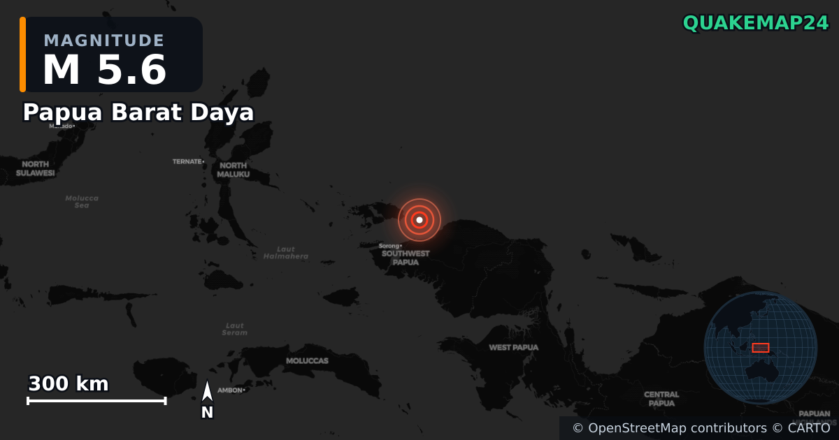 M5.6 earthquake near Papua Barat Daya on Jul 26, 2025 — map of epicenter and shaking intensity | QuakeMap24
