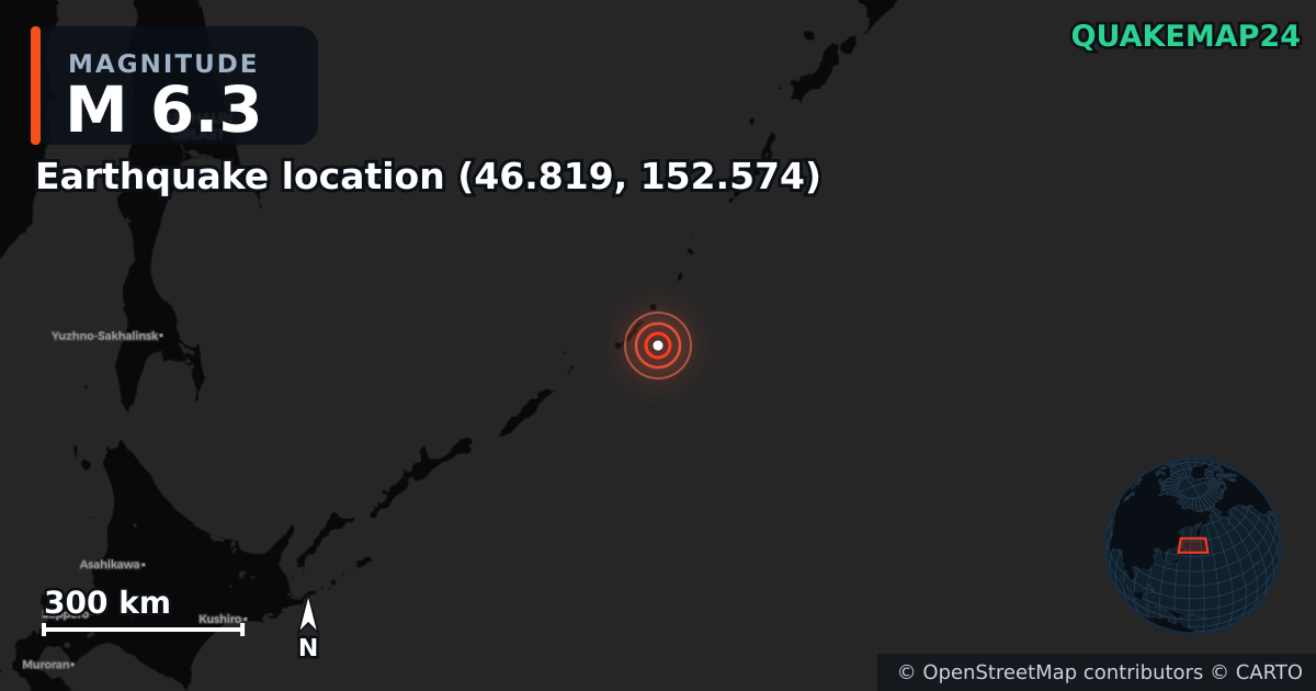 M6.3 earthquake near Τοποθεσία σεισμού (46.819, 152.574) on Feb 22, 2026 — map of epicenter and shaking intensity | QuakeMap24