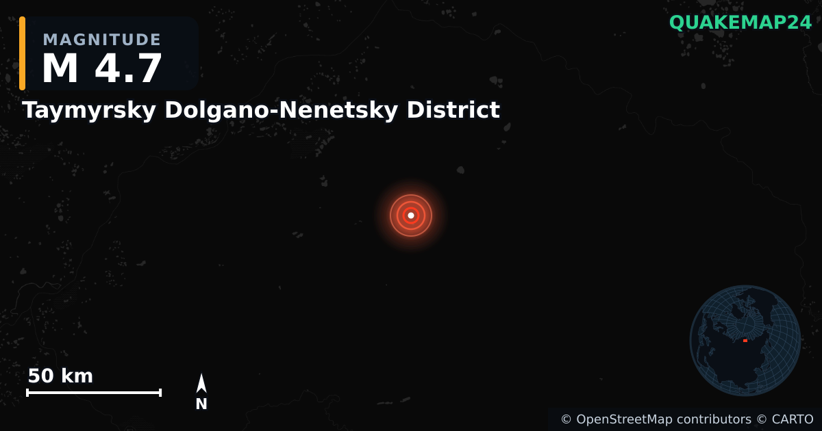 M4.7 earthquake near Taymyrsky Dolgano-Nenetsky District on Jul 8, 2026 — map of epicenter and shaking intensity | QuakeMap24