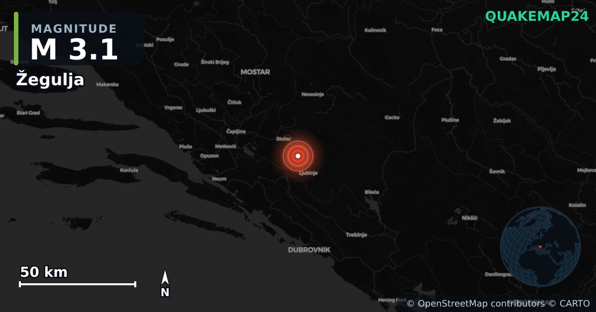 M3.1 earthquake near Žegulja on Jul 27, 2026 — map of epicenter and shaking intensity | QuakeMap24