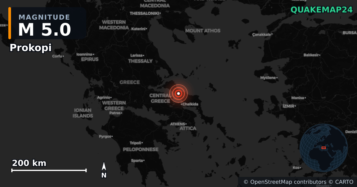 M5.0 earthquake near Prokopi on Jun 7, 2026 — map of epicenter and shaking intensity | QuakeMap24