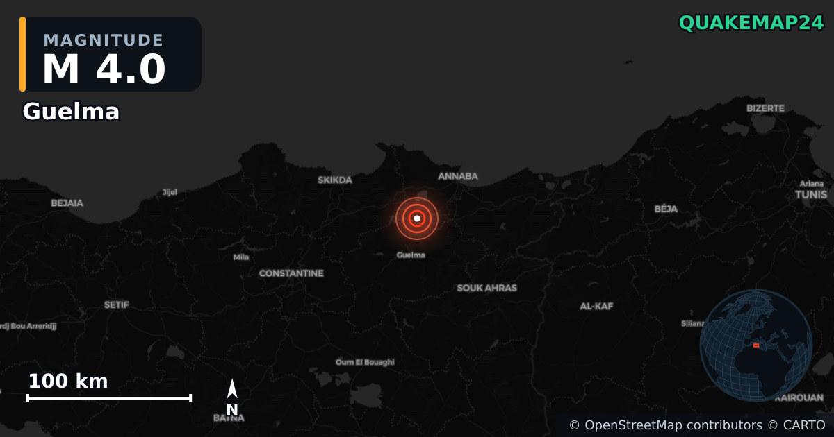 M4.0 earthquake near Guelma on Jul 11, 2025 — map of epicenter and shaking intensity | QuakeMap24