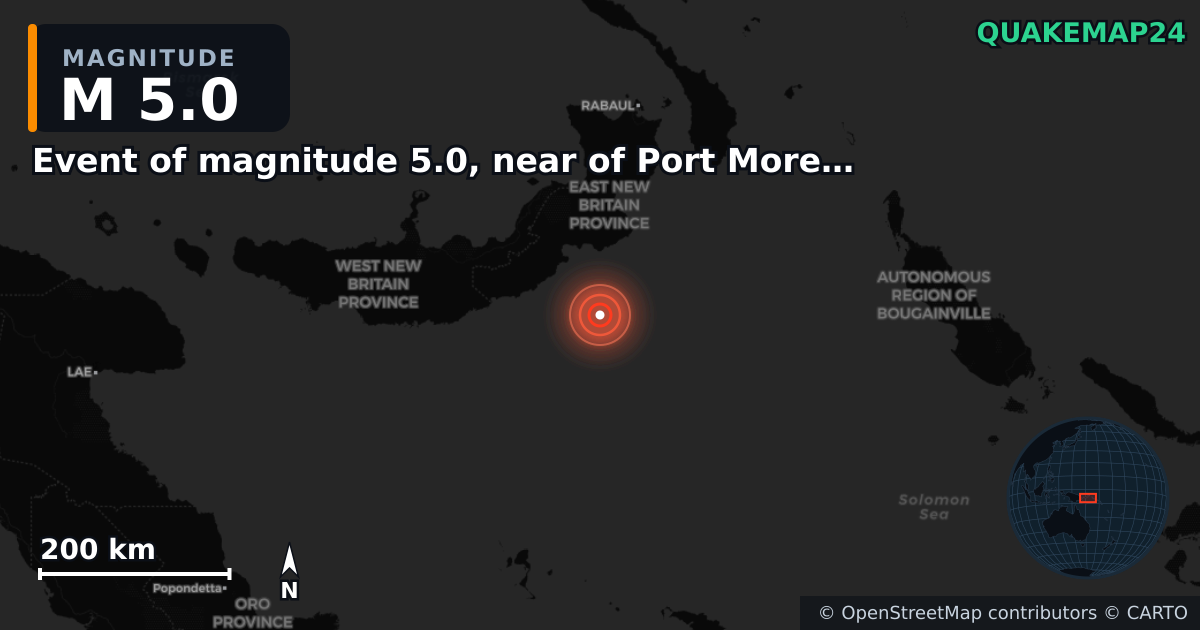 M5.0 earthquake near Event of magnitude 5.0, near of Port Moresby (Monde) on Oct 27, 2025 — map of epicenter and shaking intensity | QuakeMap24