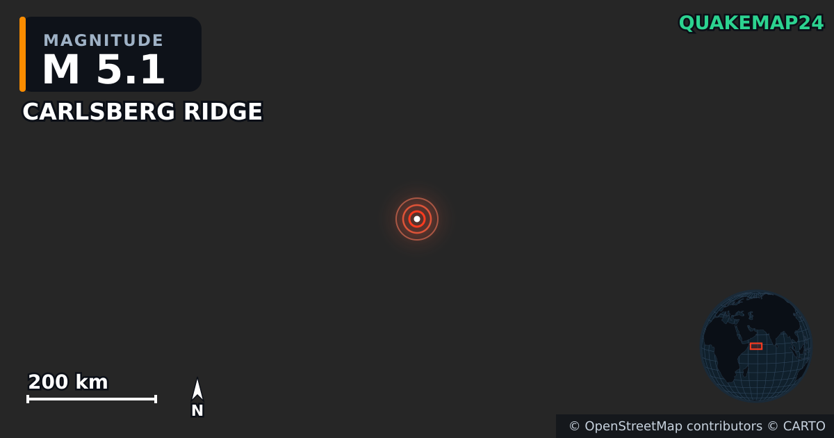 CARLSBERG RIDGE yakınında M5,1 deprem — Deprem merkez üssünün konumunu gösteren harita