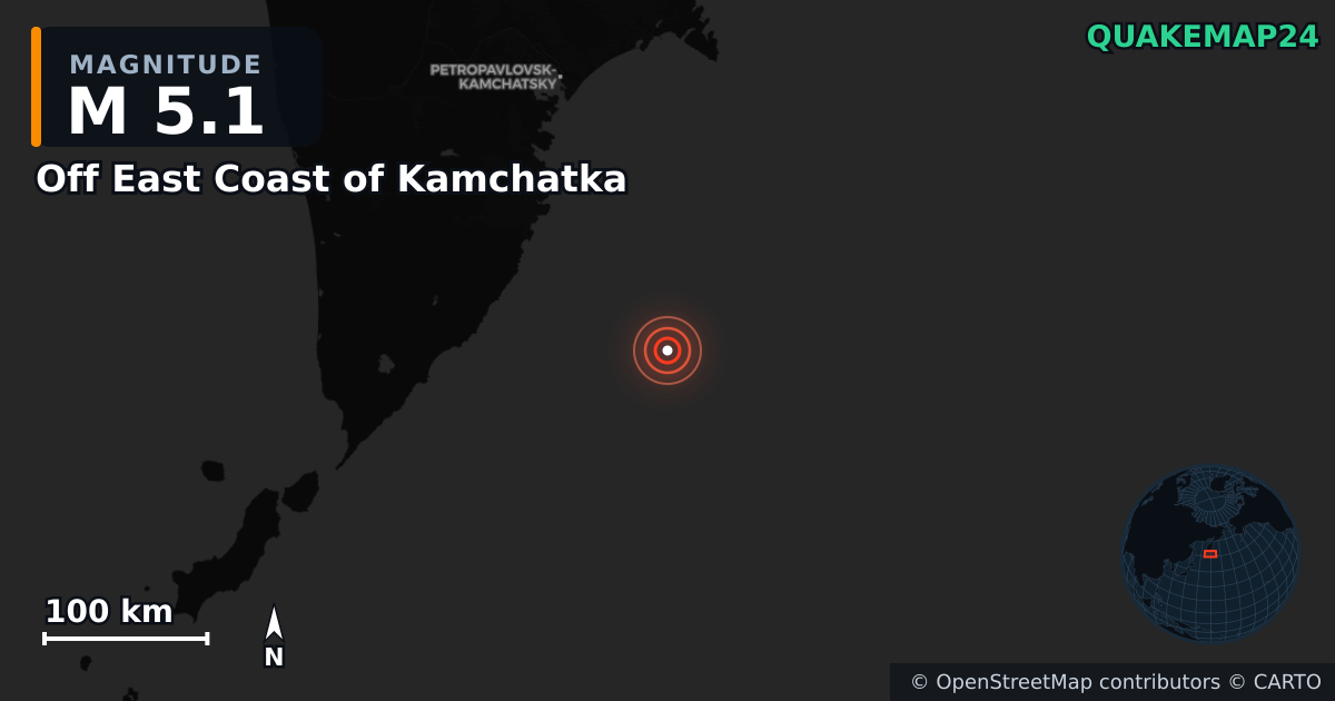 M5.1 earthquake near Off East Coast of Kamchatka on Aug 13, 2025 — map of epicenter and shaking intensity | QuakeMap24