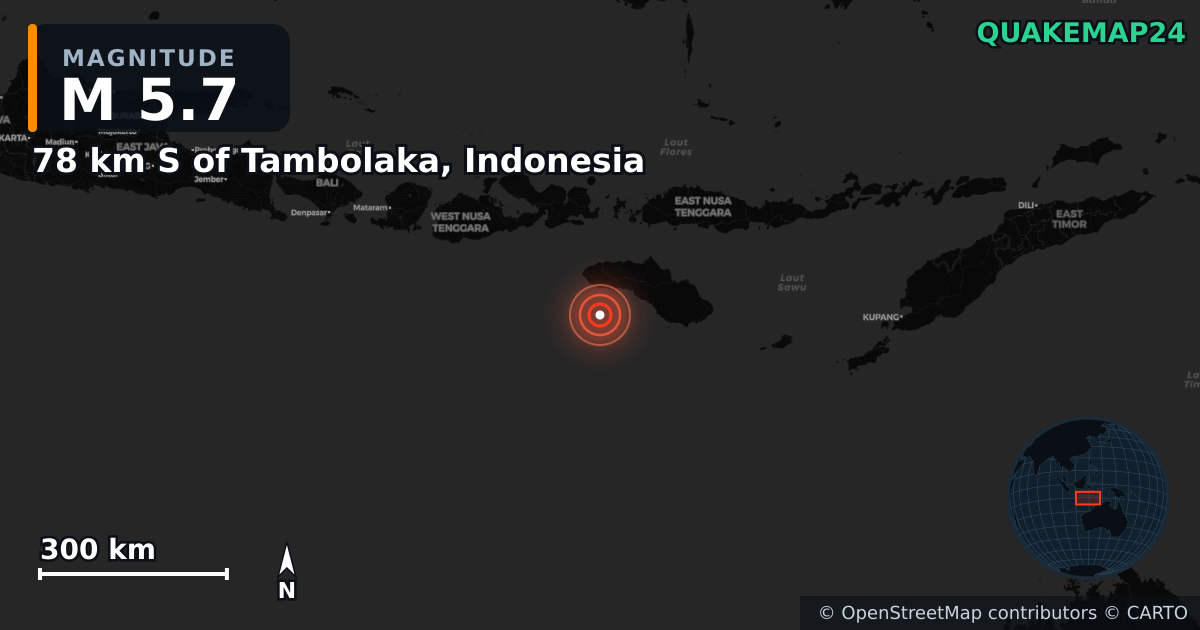 M5.7 earthquake near 78 km S of Tambolaka, Indonesia on Jul 17, 2025 — map of epicenter and shaking intensity | QuakeMap24