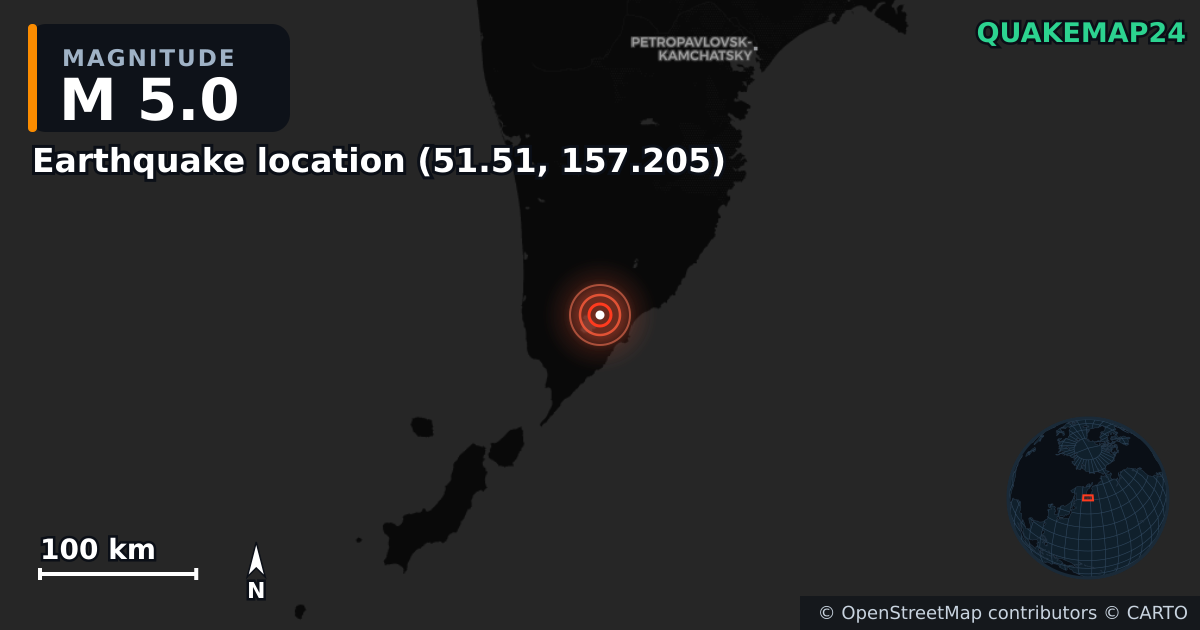M5.0 earthquake near Τοποθεσία σεισμού (51.51, 157.205) on Oct 3, 2025 — map of epicenter and shaking intensity | QuakeMap24