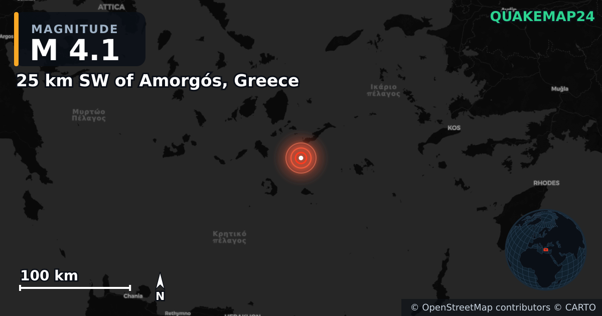 M4.1 earthquake near 25 km SW of Amorgós, Greece on Feb 5, 2025 — map of epicenter and shaking intensity | QuakeMap24