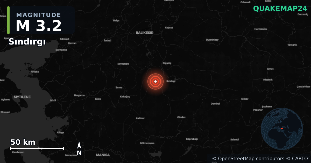 M3.2 earthquake near Sındırgı on Sep 1, 2025 — map of epicenter and shaking intensity | QuakeMap24