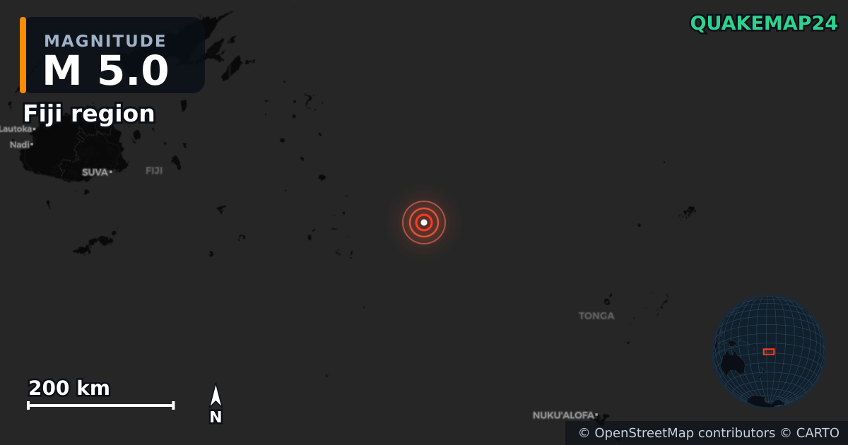 Erdbeben M5,0 bei Fiji region — Karte der Lage des Epizentrums