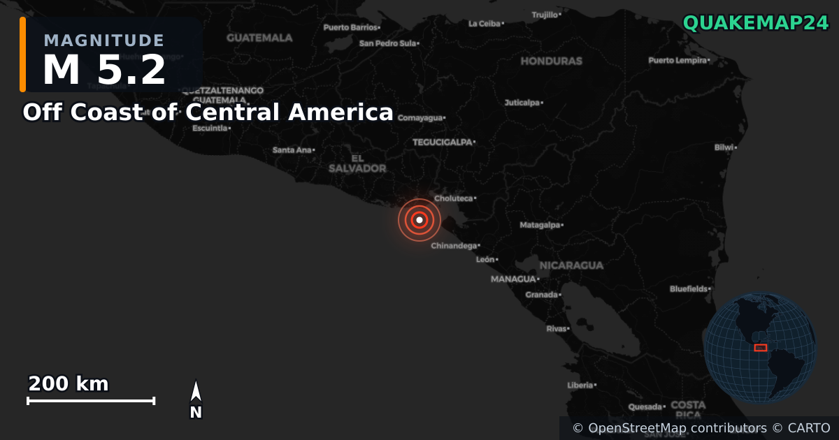 Sismo de M5,2 perto de Off Coast of Central America — Mapa da localização do epicentro