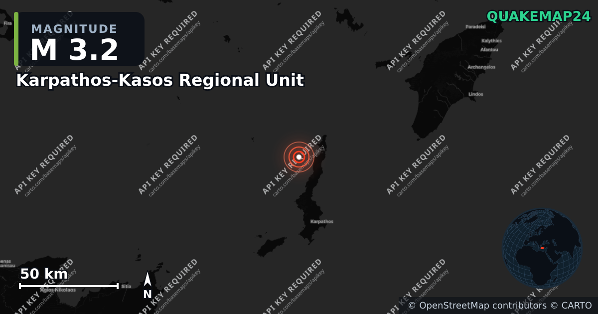 M3.2 earthquake near Karpathos-Kasos Regional Unit on Aug 26, 2026 — map of epicenter and shaking intensity | QuakeMap24