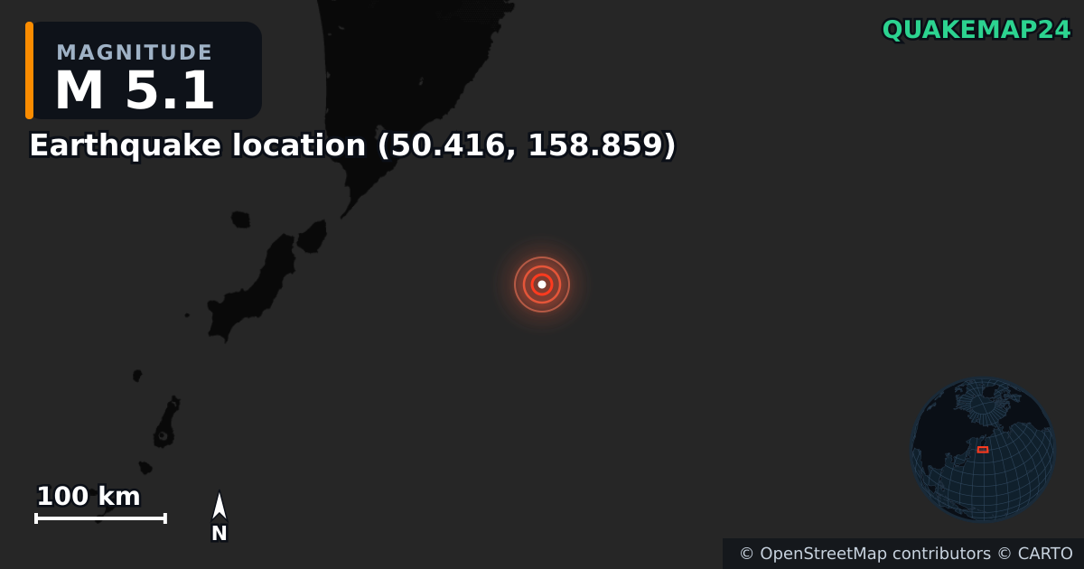M5.1 earthquake near Deprem konumu (50.416, 158.859) on Aug 7, 2025 — map of epicenter and shaking intensity | QuakeMap24