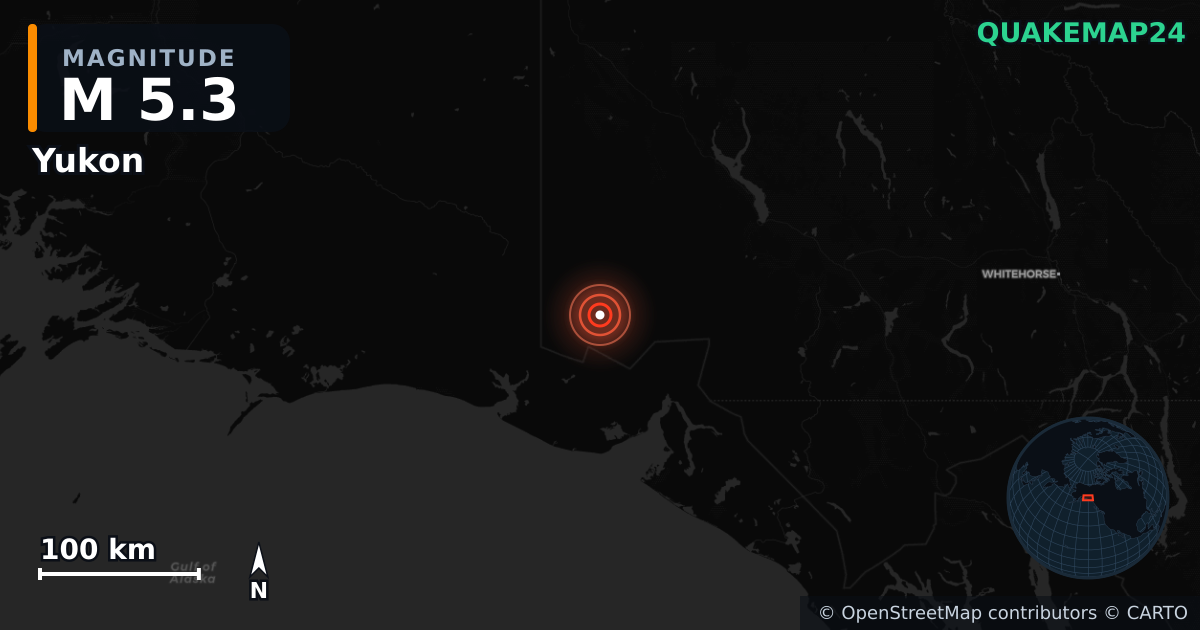 M5.3 earthquake near Yukon on Dec 7, 2025 — map of epicenter and shaking intensity | QuakeMap24