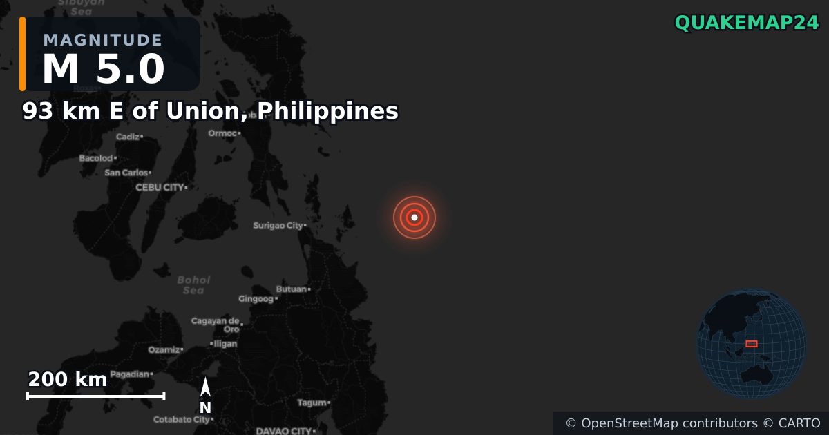 Erdbeben M5,0 bei 93 km E of Union, Philippines — Karte der Lage des Epizentrums