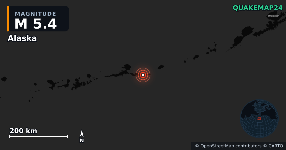 M5.4 earthquake near Alaska on Jul 16, 2025 — map of epicenter and shaking intensity | QuakeMap24