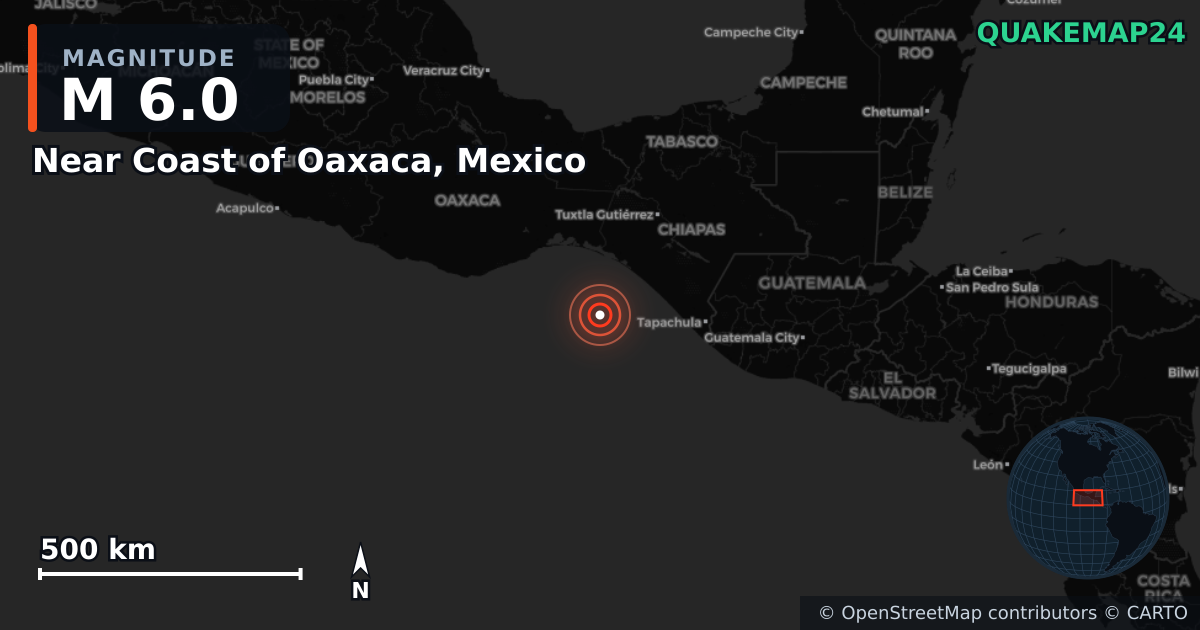 M6.0 earthquake near Near Coast of Oaxaca, Mexico on Aug 11, 2025 — map of epicenter and shaking intensity | QuakeMap24
