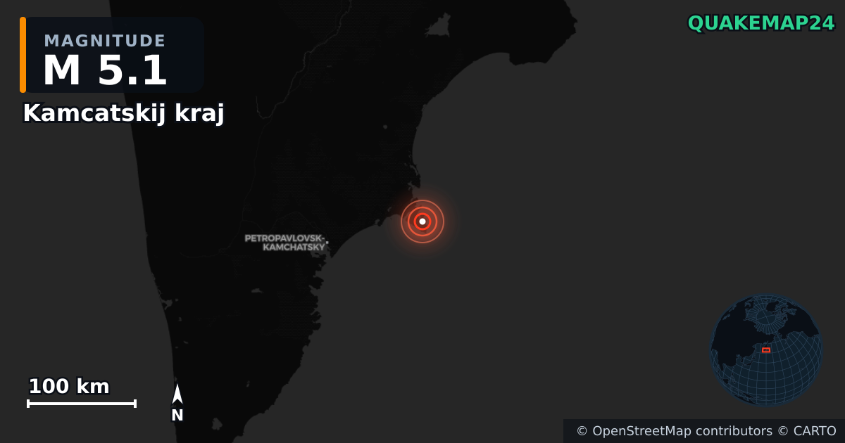 M5.1 earthquake near Kamcatskij kraj on Sep 15, 2025 — map of epicenter and shaking intensity | QuakeMap24