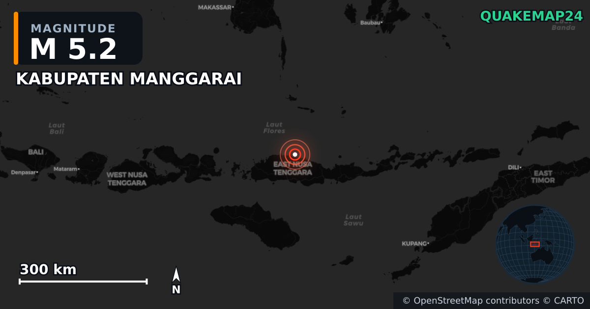 M5.2 earthquake near KABUPATEN MANGGARAI on Aug 23, 2026 — map of epicenter and shaking intensity | QuakeMap24